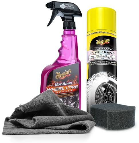 Auto Reifenpflege & Felgenpflege Set | Meguiar's Ultimate Tyre Shine Foam + Meguiars Hot Rims Wheel Cleaner + Applikator Pad + Mikrofasertuch | Pflege & Reinigung von Felgen & Reifen