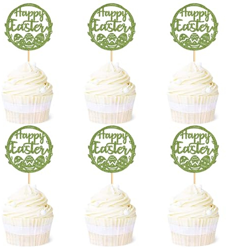 24 Stück Glückliche Ostern Kuchen Topper Grün Glitter Glückliche Ostern Cupcake Toppers Ostereier Kuchen Toppers für Ostern Party Kuchen Dekorationen