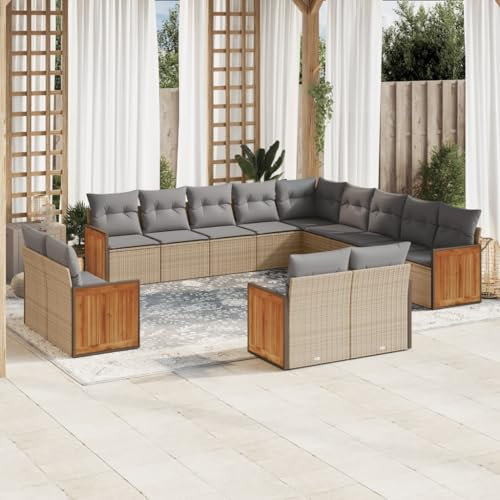 Rantry 13-TLG. Gartenmöbel Set mit Kissen Gartensofa Balkonmöbel Gartenlounge Loungesofa Modular Rattansofa Ecksofa Ecklounge Sofagarnitur Sitzgruppe Loungemöbel Beige Poly Rattan