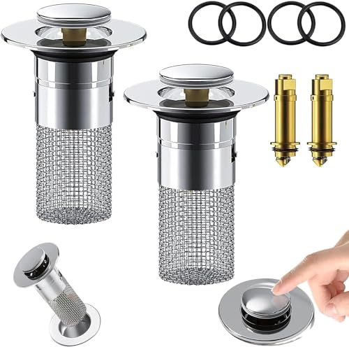 2Pcs Badezimmer Waschbecken Stopper Haarfänger, Edelstahl Bodenabfluss Filter, Pop Up Waschbecken Abfluss Filter mit abnehmbaren Edelstahl Filterkorb Haarfänger, Badezimmer Waschbecken Abfluss Sieb
