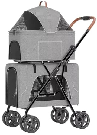 Hundvagn Kattvagn 4 I 1 Hundvagn Dubbel Husdjursvagn, Hopfällbar Kattvagn Med Avtagbar Hållare, Förvaringsficka För 2 Hundar, Katter Husdjursvagn(Grey)