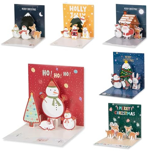 3D Weihnachtskarte Pop-Up Karte, 3D Weihnachtskarten mit Umschlag Set, 6er-Pack 2025 Weihnachten 3D Grußkarte mit Umschlag Klappkarten Weihnachten Postkarten Karten 3D Grußkarte für Freunde Familie