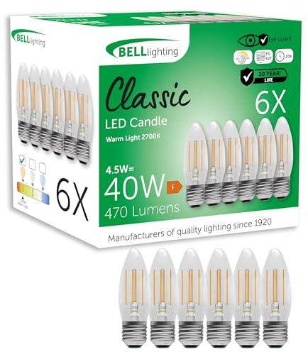 BELL Lighting E27 Dimmable LED Filament Candle Bulbs Warm White 4.5W 6 Pack | Dimmable E27 Edison screw LED filament candle bulbs with 2700K warm white light, 470lm brightness and 40W equivalent output.