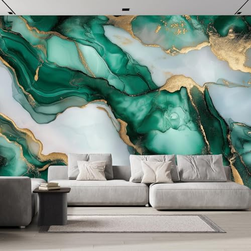 Mármol Verde Papel Tapiz Fotográfico Efecto 3D, Vórtice Papel Pintado 3D Fotografía Mural, 250×175Cm Pared Pintado Fotomural Dormitorio Sala Mural Decoración