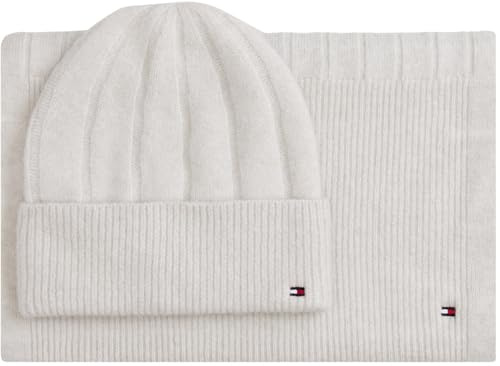 Tommy Hilfiger Damen Geschenk-Set Flag Fluffy Schal und Mütze, Beige (Grey Whisper), Einheitsgröße