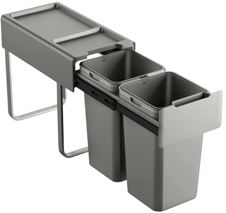 SVITA EM2x14 Einbaumülleimer 28L (2x14L) 2 Fächer mit Deckel Mülltrennsystem 2fach Küche Unterschrank Abfalleimer ausziehbar Grau