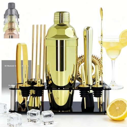 14-Piece Cocktail Shaker Set Bartender Kit with Black Stand, Bar Tool Set for Drink Mixing Bartending Kit Bar Sets Accessories: 750ml(25oz) Shaker, Jigger, Muddler, Cocktail Recipes (Gold)