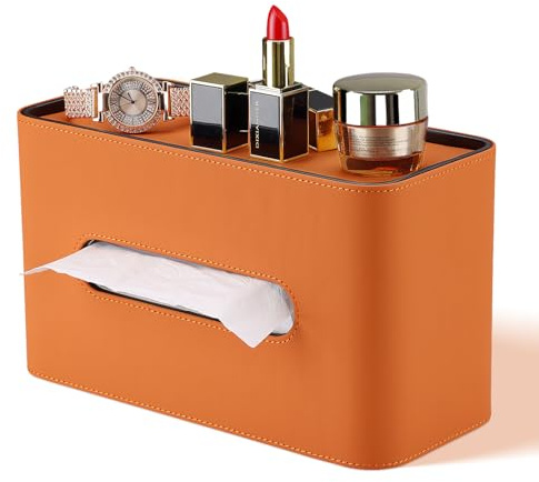 GORESE Taschentuchbox,Leder Rechteckige Kosmetiktücherbox Papiertaschentuchhalter Taschentuchspender Tücherbox Tissue Box für Büro, Zuhause, Auto, Badezimmer(Orange)