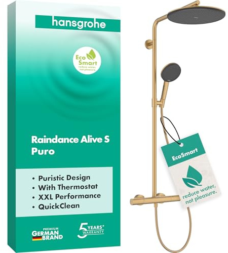 hansgrohe Raindance Alive S Puro - wassersparendes Duschsystem (EcoSmart) mit Thermostat, Regendusche (300 mm) mit Armatur, Handbrause, Schlauch, Brausestange und Kopfbrause, Brushed Bronze, 24593140