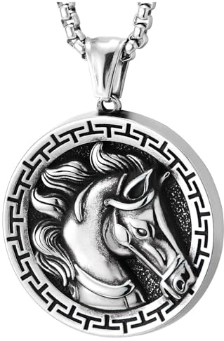 COOLSTEELANDBEYOND Collar Cabeza de Caballo para Hombre, Medallón Redondo en Acero Inoxidable, Joyería Ecuestre Griega y Romana