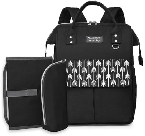 Wickelrucksack Groß mit Wickelunterlage Unterwegs und Kühltasche, Multifunktionaler Windeltasche mit Kinderwagengurten, Wickeltasche Organizer Viel Platz, ideale Größe für Alle (Black)