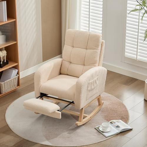 KUIKUI Rocking Chair for Adults, Nursery Rocking Chair with Adjustable Footrest, Side Pockets Storage, Wooden Legs and Teddy Fabric for Living Room, Bedroom, Beige