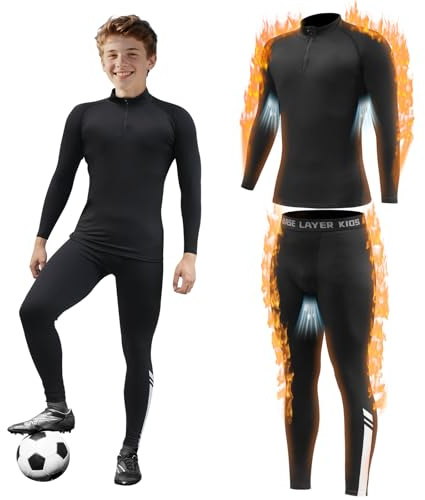 Giyim Kids Thermal Base Layer Set -Style Boys Football Skins & Tights Football Compression Set, Double - Layer Breathable for Sport, Football, Basketball & Ski (Black&S)