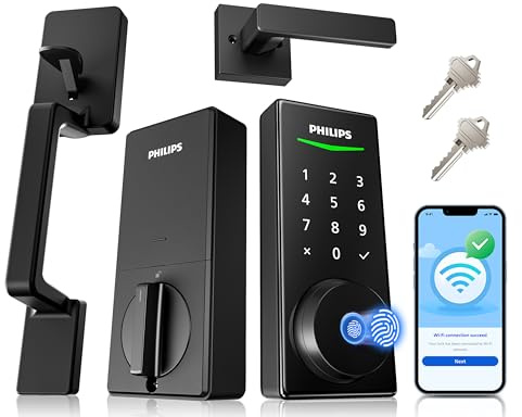 Philips Touchscreen WiFi Smart Lock with Handle Set, Built-in WiFi, Remote Control & Voice Control, Fingerprint Keyless Entry Door Lock, Smart Locks for Front Door Deadbolt, Auto-Lock, Matte Black