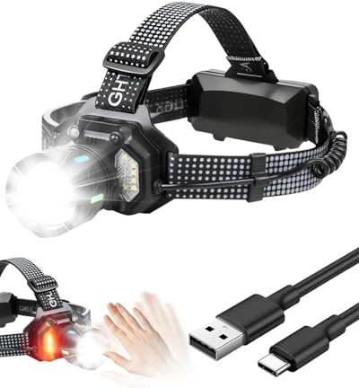 Lampe Frontale Puissante Rechargeable 20000 Lumens,12 Modes d’Éclairage, Capteur & Lumière d’Avertissement, 90° Réglable Zoomable Tête Extensible, IPX5 Étanche pour Camping, Randonnée, Pêche et Course