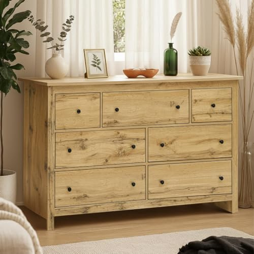 LARFOEK Schlafzimmer Kommode mit 7 Schubladen, 152 cm Breit Sideboard mit Große Stauraum, Kommodenschrank Aufbewahrungskommode für Schlafzimmer, Wohnzimmer, Küche, Flur, Natur