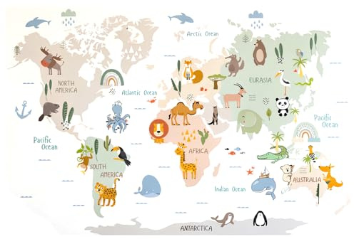 Weltkarte Tiere Wandtattoo Weltkarte Kinderzimmer Wanddeko, Kinderzimmer weltkartes Wandaufkleber, Wandtattoo Kinderzimmer Wandsticker weltkartes Tiere für Junge Mädchen Schlafzimmer Wanddeko