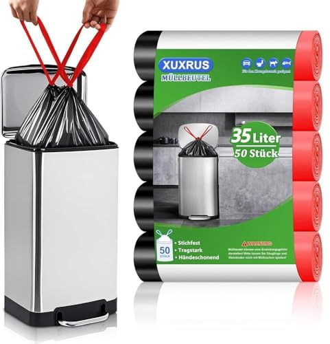 XUXRUS Sacs Poubelle 35L Noirs À Poignée Coulissante, Lot De 50