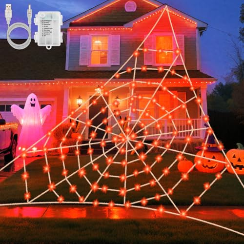 Halloween Decorations Spider Web Lights, 5x5M 120LED Orange Giant Spider Web Lights USB/Battery with Timer 8 Modes Waterproof for Patio Garden Haunted House Outdoor Indoor Halloween Decorations