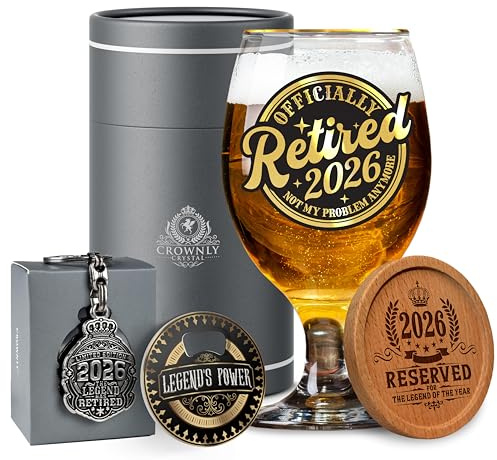 CROWNLY CRYSTAL Retired 2026 Limited Edition Ölglas Presentset Pensionspresent Till Kollega Chef Eller Vän Presentbox Med Träunderlägg Nyckelring Kapsylöppnare