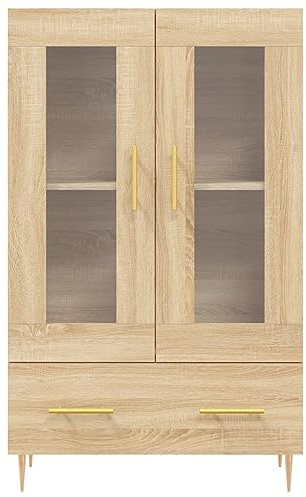 Aparador con Puertas de Vidrio y Cajón, Gabinete de Almacenamiento con Mangos Dorado y Patas Cónicas, Vitrina para Organización de Sala de Estar Dormitorio (roble sonoma)