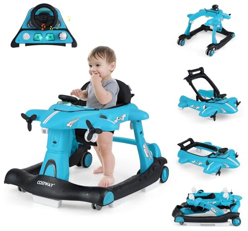 FANTASK Lauflernwagen Baby Walker, Lauflernhilfe 6 in 1 klappbar verstellbare Höhe Geschwindigkeit mit Spieluhr abnehmbarem Esstablett Flugzeugdesign, für Babys ab 6 Monaten (Blau)