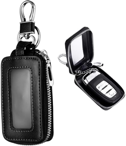 Universal Premium Leather Key Fob Case,Transparent Window Auto Key Case Cover,PU Leather Car Key Case, with Metal Hook and Keyring Zipper for Men Women