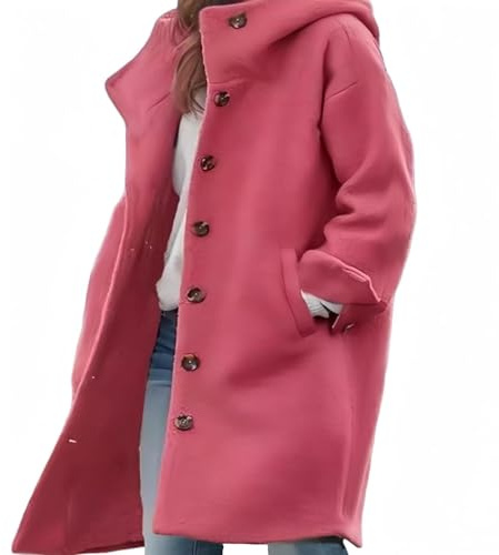 GHTRHSB Gabardina de lana para mujer con solapa y capucha, elegante abrigo de invierno, cálido y resistente al viento, Rosa Roja, M