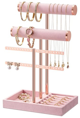 Josmimic Organisateur de Bijoux à 3 Niveaux - Porte Bijoux Rose en Velours pour Bracelets, Colliers, Montres, Bagues