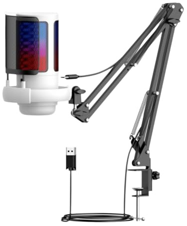 Disttocate Microfono USB RGB Microfono Esports Game Call Recording Mic con Supporto per Boom in Metallo per Studio Bianco