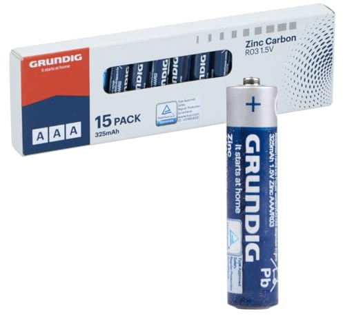 Grundig Piles AAA R03 Lot de 15 - Piles AAA Zinc Carbon 1.5V 325mAh - Pile pour Appareils À Faible Consommation