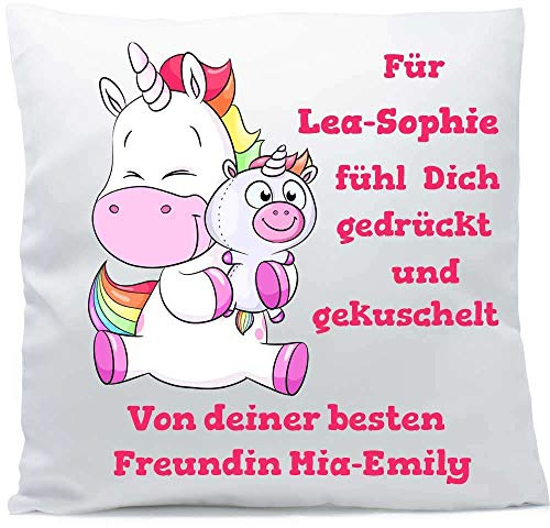 Kissen mit Namen Geburt Einhorn Puppe Fühl dich gedrückt 40x40 cm inkl. Füllung Kuschelkissen, Kissen Farbe:Vorderseite weiß flauschig/RS weiß flauschig