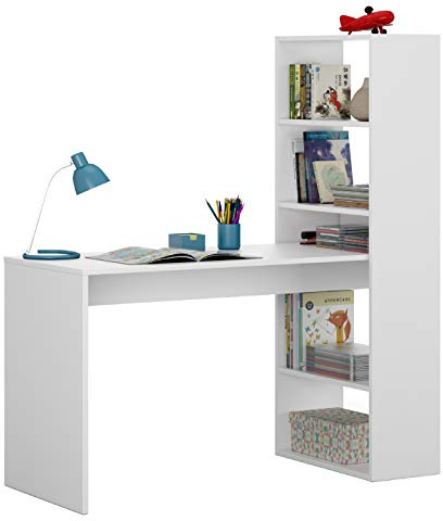 Wendbarer Schreibtisch mit Bücherregal mit fünf Regalen, Farbe Weiß, Maße 120 x 144 x 53 cm