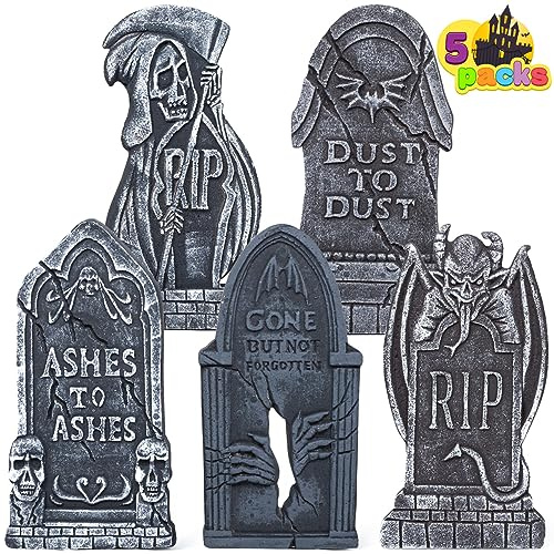 JOYIN 5 Stück 43cm Halloween Schaumstoff RIP Friedhof Grabsteine, Grabstein Dekorationen und 12 Metall Bodenspitze für Halloween Garten Dekoration