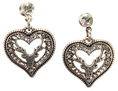 Alpenflüstern Trachten-Ohrstecker Strassherz-Hirsch hängend - Damen-Trachtenschmuck, Trachten-Ohrringe (antik-silber-farben) DOR048