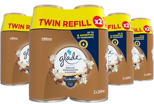 Glade Automatic Air Freshener Refills, Room Spray & Odour Eliminator, Sandalwood & Jasmine, Pack of 4 Duos (8 Refills x 269ml)