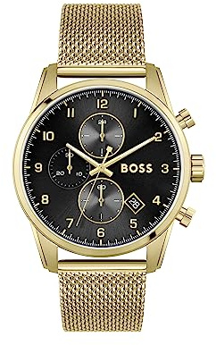 BOSS Chronograph Quarz Uhr für Herren Kollektion SKYMASTER mit Goldfarben Edelstahl-Mesh-Gliederarmband - 1513838
