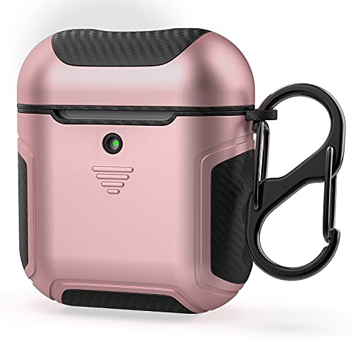 ORETECH Compatibile con Cover Airpods, Custodia per Airpods 1 e 2,Heavy Duty Airpods(1&2) Protettiva 2in1 Ibrida Silicone Gomma e Fibra di Carbonio Hard PC per Apple Airpods 2,1(LED Visibile)-Oro Rosa