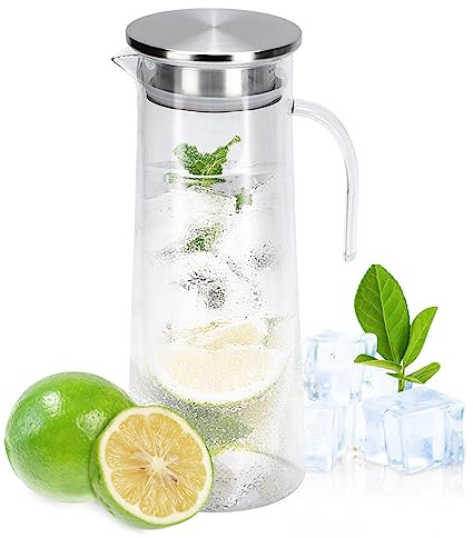 Bocal à jus acrylique de 1,2 l, cruche à eau avec cararrière hermétique de couvercle, bouteille de jus transparente bec de versement facile et poignée pour l’eau, café glacé et thé glacé