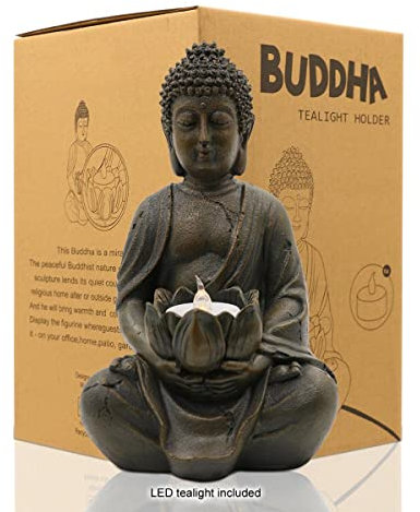Yeomoo Meditierender Buddha Teelichthalter/Kerzenhalter Statue Zen Buddha Figur Deko mit Lotus – Innen-/Außendekoration für Haus, Garten, Hof, Kunstdekoration – mit einem LED-Teelicht, Harz 1P