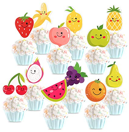 Cyodoos 24Pcs Tutti Fruity Fruit Cupcake Toppers - Tropical Summers Kids Happy Birthday Cake Toppers - Watermelon, Lemon, Strawberry, Cake Decorations for Baby Shower Wedding Party Decorations