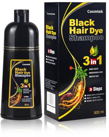 COSMTEK Black Hair Dye Shampoo for Gray Hair, Semi-Permanent Hair Color Shampoo for Women and Men, Herbal and No Ammonia, 3 in 1-100% Grey Coverage(16.9 Fl oz)