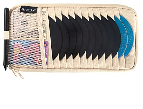 alavisxf xx Car CD Holder, DVD Vehicle Visor Storage Organizer, Large Capacity CD Visor Case with 12 Sleeves, 1 Mesh Pocket, 1 Pen Holder, 1 Back Inner Pocket (Apricot)