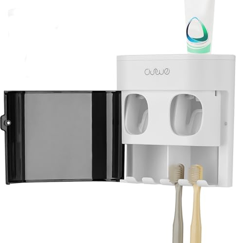 Linkidea 4 Slots Toothbrush Holder with 2 Toothpaste Squeezers, Self-Adhesive Brush Hanger for Bathroom, Compatible with Oral-B CrossAction, Colgate Extra Clean Toothbrushes