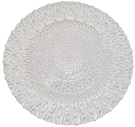 Trimming Shop Assiettes de présentation décoratives pour fêtes, Assiettes en Verre Motif Paon pour décoration, 33 cm, Argent, 1 pièce