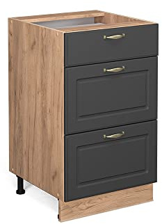 Vicco Küchenunterschrank Fame-Line, Anthrazit-Gold, 50 cm | MDF-Front · Ohne Arbeitsplatte · Höhenverstellbare Füße · Metallgriffe · Metall-Vollauszüge