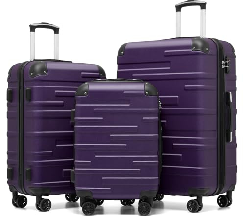 COOLIFE Valigie Valigia Trolley rigido ultraleggero e capiente,Chiusura a combinazione laterale con TSA, 4 ruote per facilitare il trasporto (Grigio-viola, Set da 3 Pezzi)