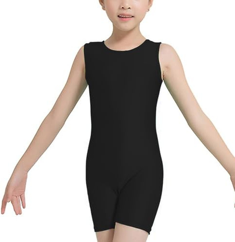 Prime fashions Kids Sleeveless Unitard Bodysuit Dance Gymnastics Swimming Leotard (Black, 7-8 Years)