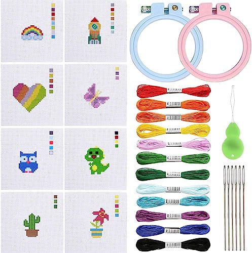 BDSHUNBF 8 Pezzi Ricamo Starter Kit, Kit da Ricamo per Principianti, Kit per Punto Croce per Bambini, Telaio da Ricamo con Motivo, per Adulti, Bambini, Principianti