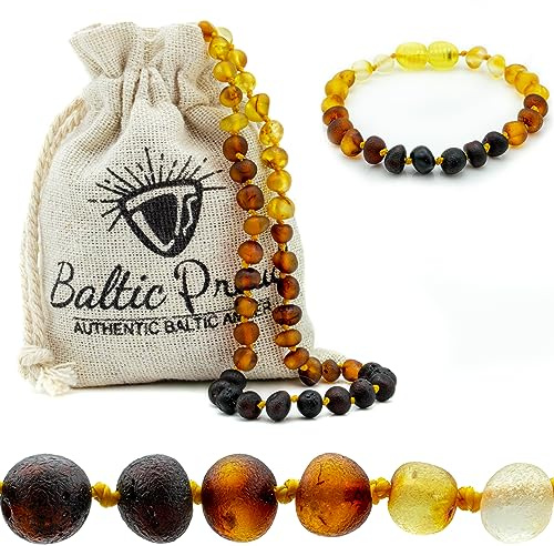 Baltic Proud Amber Necklace and Bracelet Gift Set (Unisex Rainbow Raw 12.5 Inches/5.5 Inches) - Certified Premium Quality Raw Baltic Sea Amber